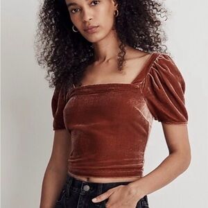 NWT Madewell Hopewell Puff-Sleeve Crop Top in Silk-Blend Velvet